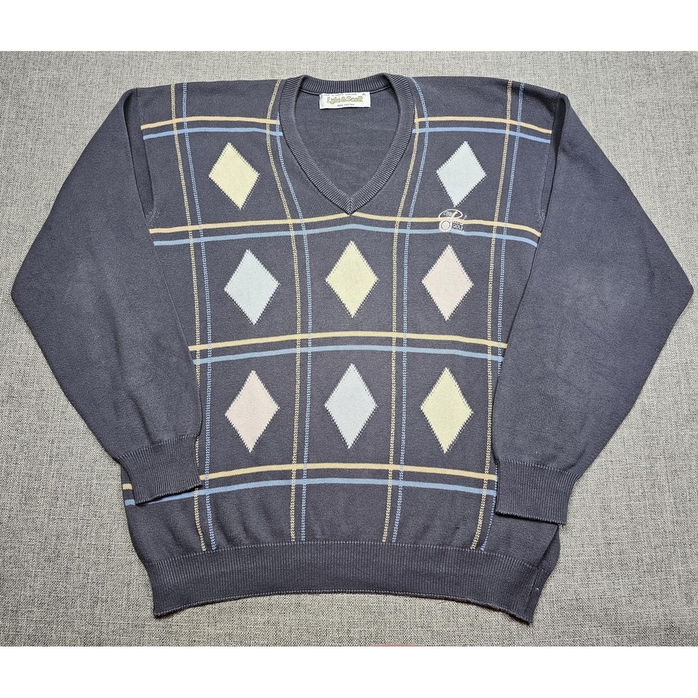 Vintage Lyle & Scott Sweater Mens XL Gray Argyle Golf V Neck Pastel 90s